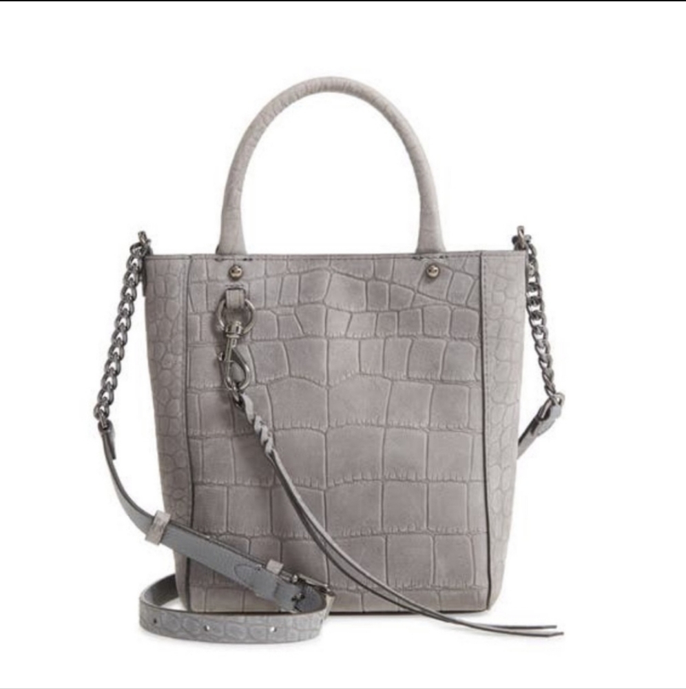 Rebecca Minkoff Womens Gray Chain Tote Crossbody Genuine Leather Crocodile Hobo - Picture 2 of 8